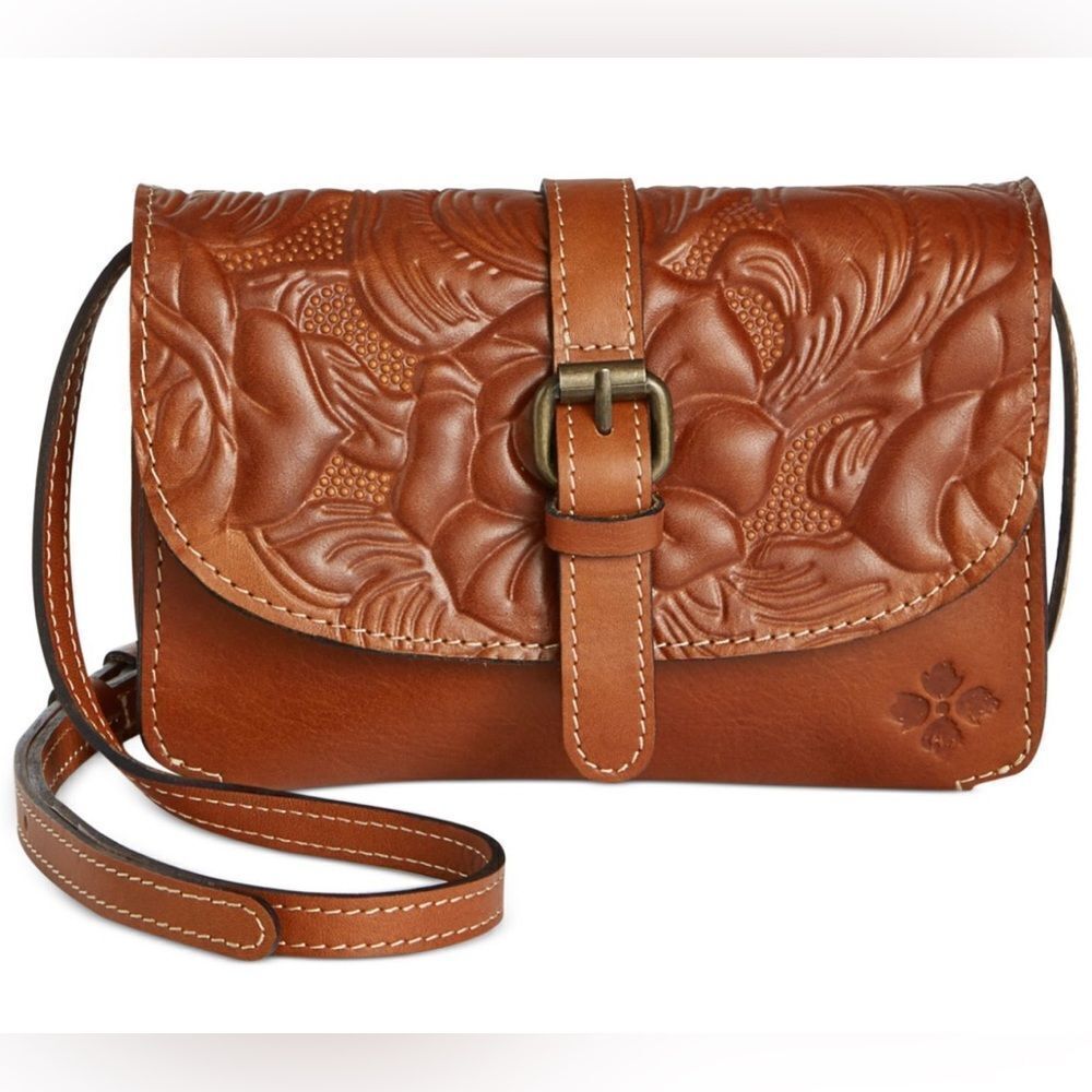 Patricia Nash- Torri Leather Flap Crossbody Burnished Tooled Bag Brass Fixture